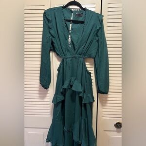 emerald green asos ruffled long sleeve maxi dress
